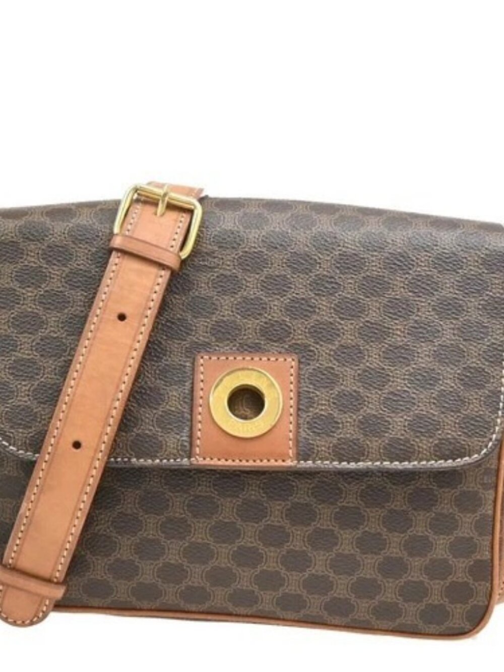 CELINE Logo Circle Macadam Pattern Shoulder Bag PVC Leather Brown Italy 38KD848